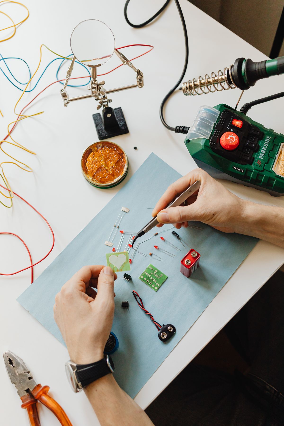 Prototyping tools and electronic components on a workbench